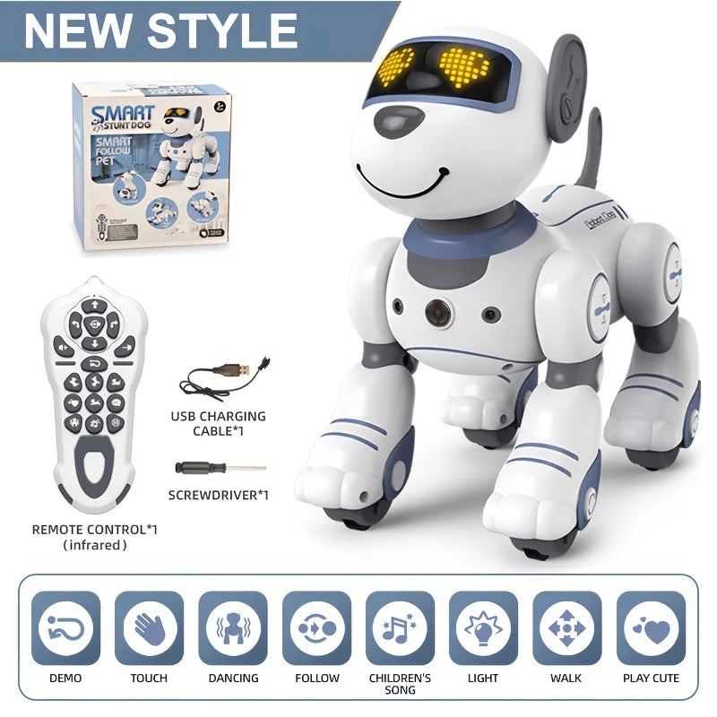Smart robot dog with remote control, USB cable, and screwdriver on a white background