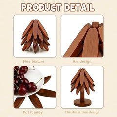 Natural Tree Wooden Trivet Set - 5 Trivets & 1 Stand, Heat-Resistant Foldable Kitchenware, Durable Solid Wood, Home Tree-Shaped Coasters for Hot Dishes, Multi-Functional, Christmas Gift