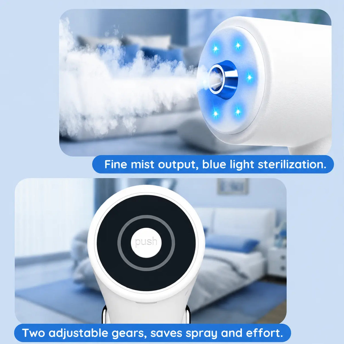A white cylindrical humidifier or diffuser shown in two inset panels with a blurred bedroom background. The top panel shows fine mist spraying from the open end with blue indicator lights glowing, and text reads 'Fine mist output, blue light sterilization.