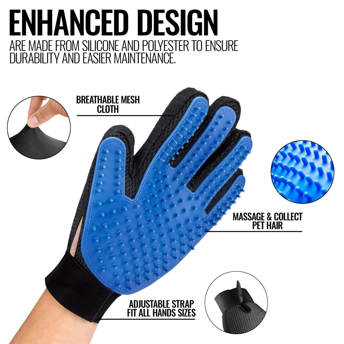Grooming glove adjustable wrist strap
