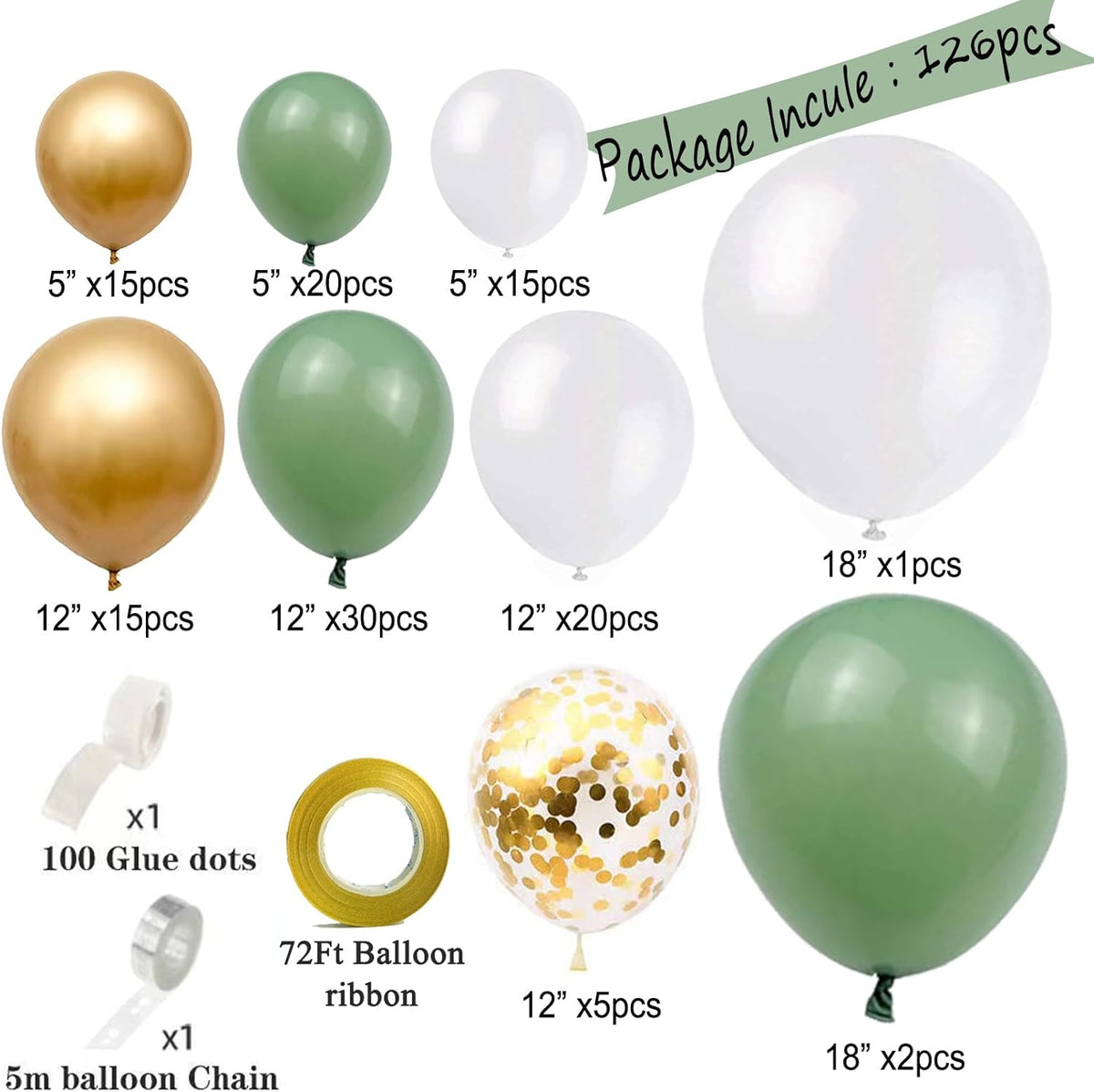 Sage Green White Gold Balloons Garland Arch Kit