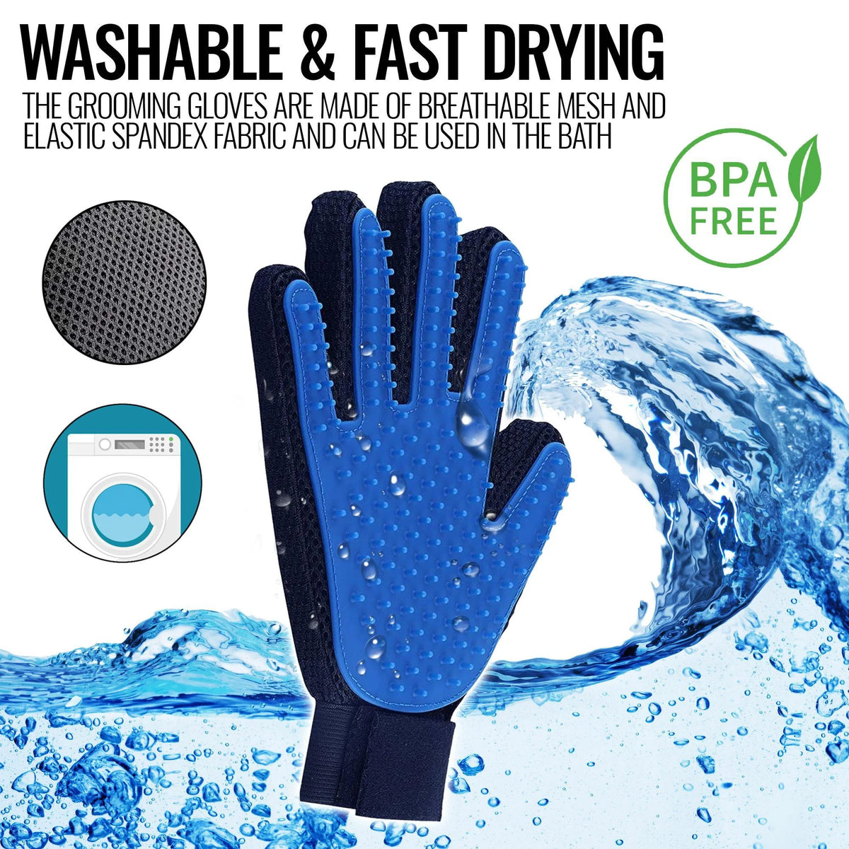Grooming glove with water and washing machine icons, emphasizing washable and fast-drying properties.