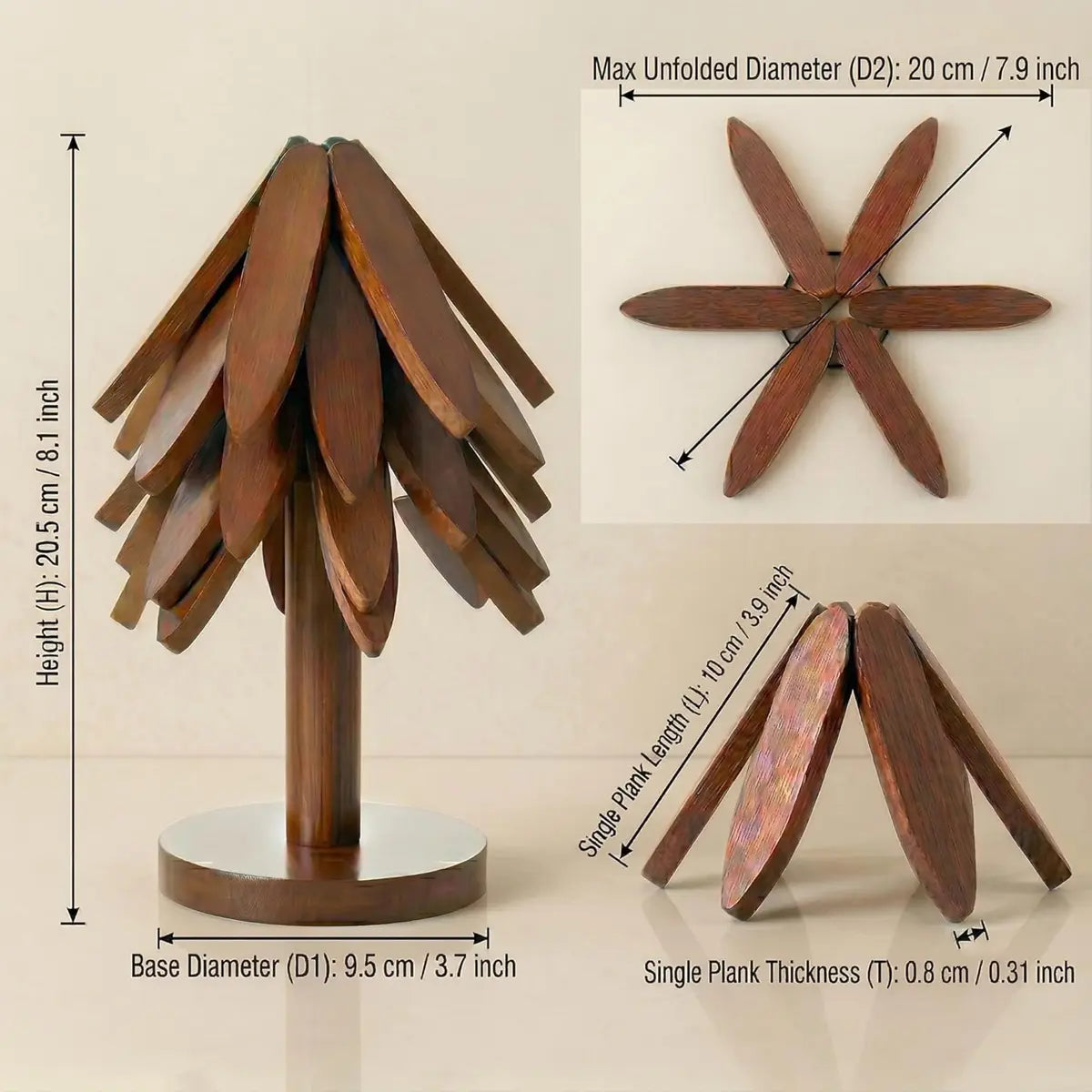 Natural Tree Wooden Trivet Set - 5 Trivets & 1 Stand, Heat-Resistant Foldable Kitchenware, Durable Solid Wood, Home Tree-Shaped Coasters for Hot Dishes, Multi-Functional, Christmas Gift