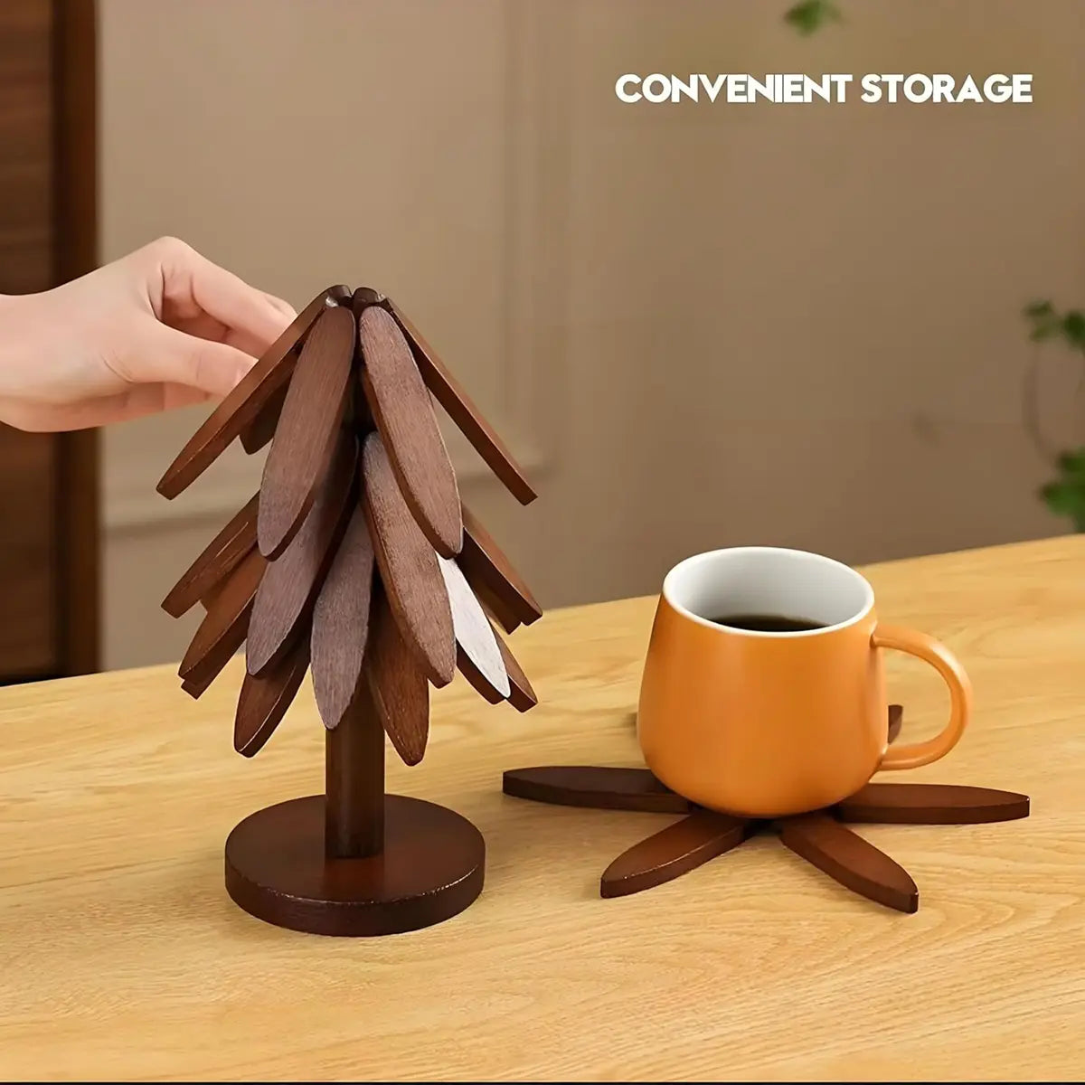 Natural Tree Wooden Trivet Set - 5 Trivets & 1 Stand, Heat-Resistant Foldable Kitchenware, Durable Solid Wood, Home Tree-Shaped Coasters for Hot Dishes, Multi-Functional, Christmas Gift