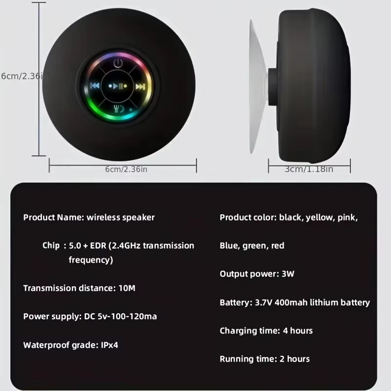 Wireless speaker with dimensions and technical specifications on a white background
