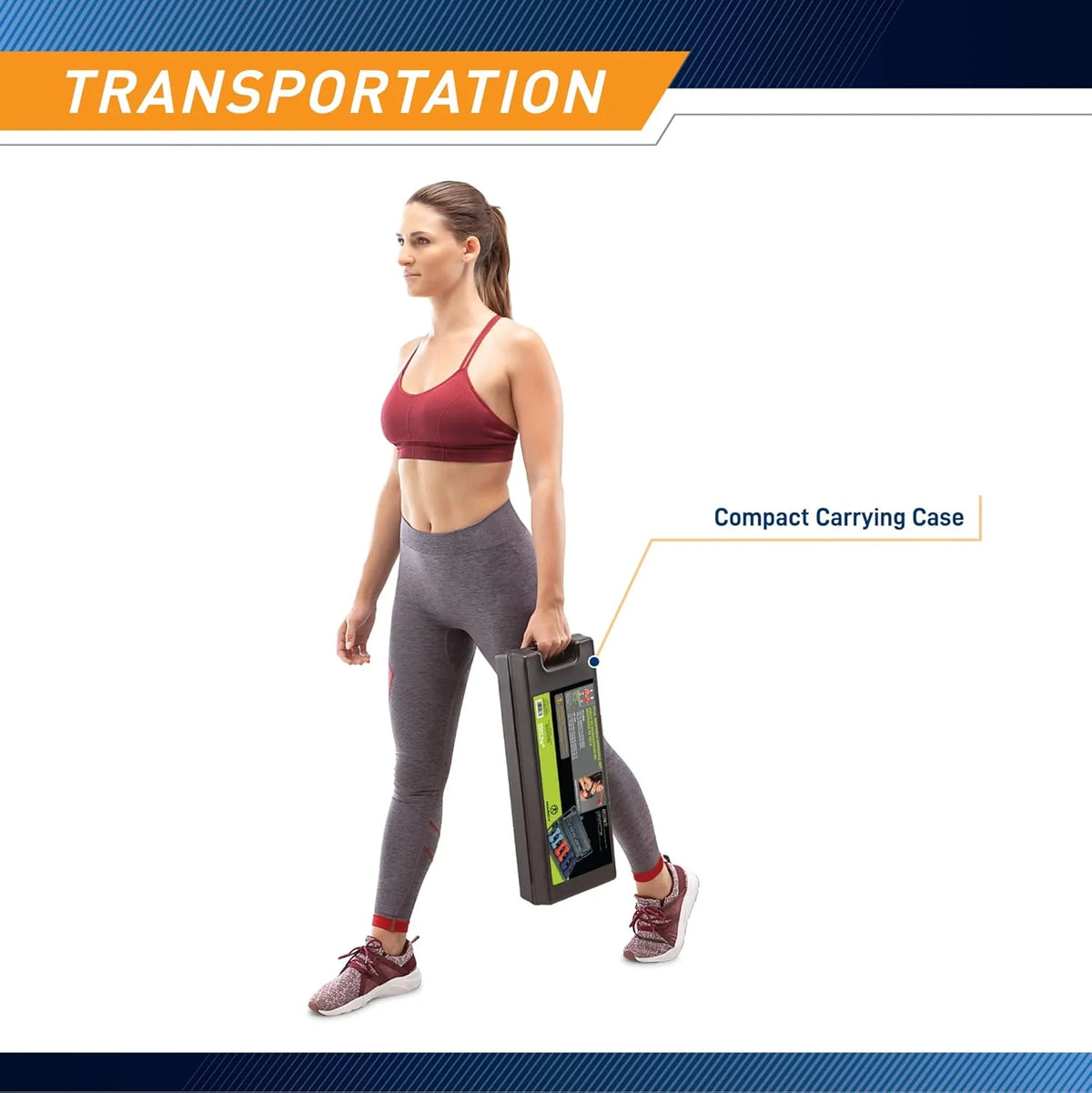 Woman holding a compact carrying case with 'Transportation' label above.