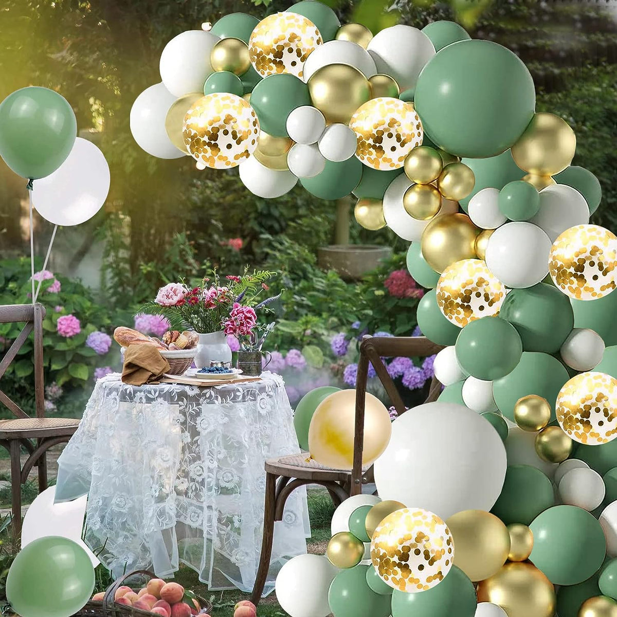 Sage Green White Gold Balloons Garland Arch Kit