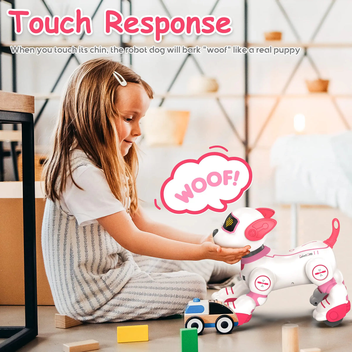 Child playing with a robot dog toy that barks 'woof' when touched, in a home setting.