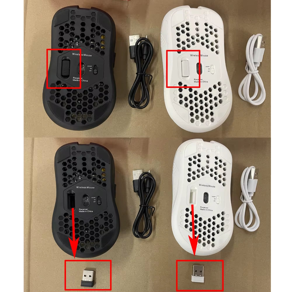 Two black and white electronic devices with USB cables on a brown surface