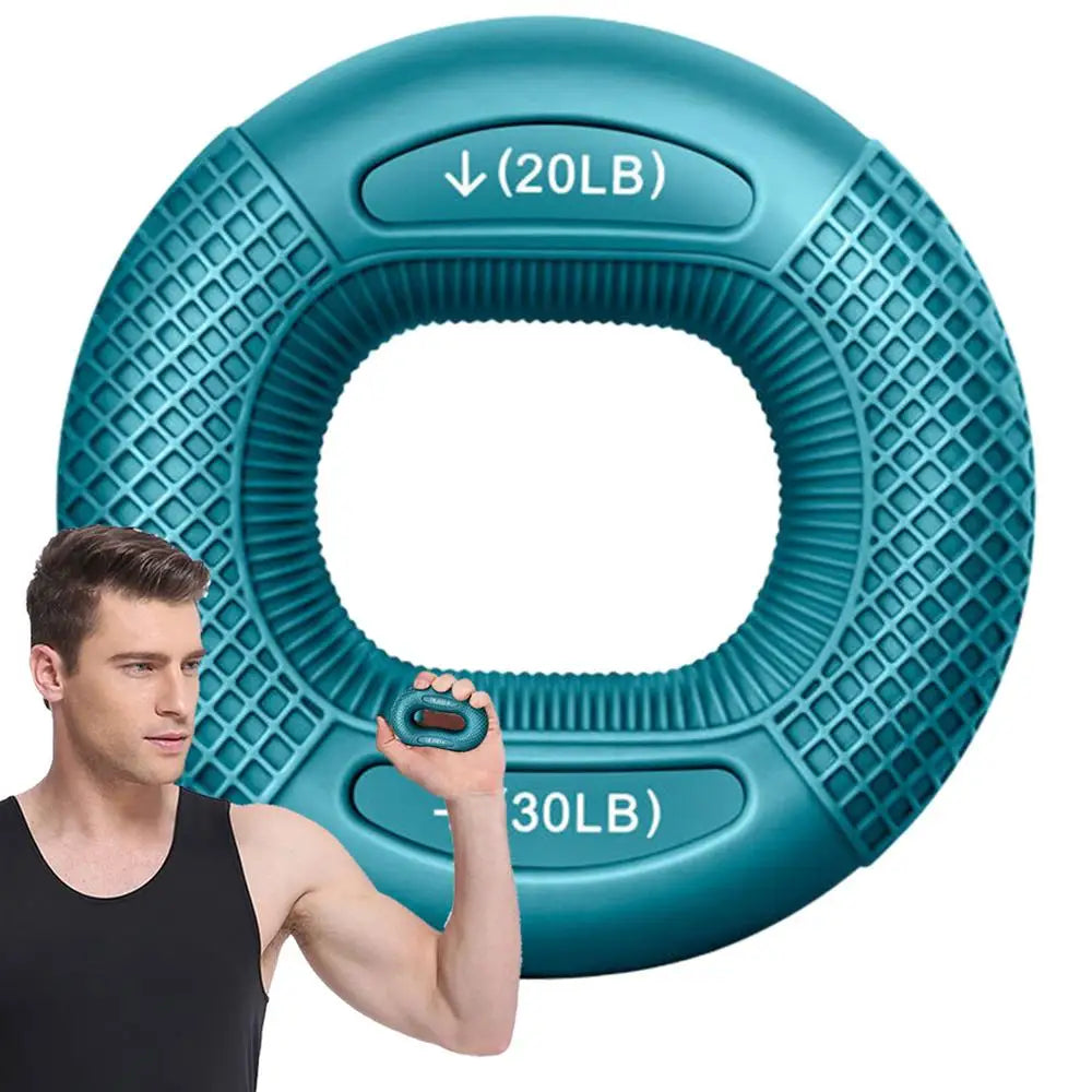 Teal resistance ring with weight indicators held by a person on a white background