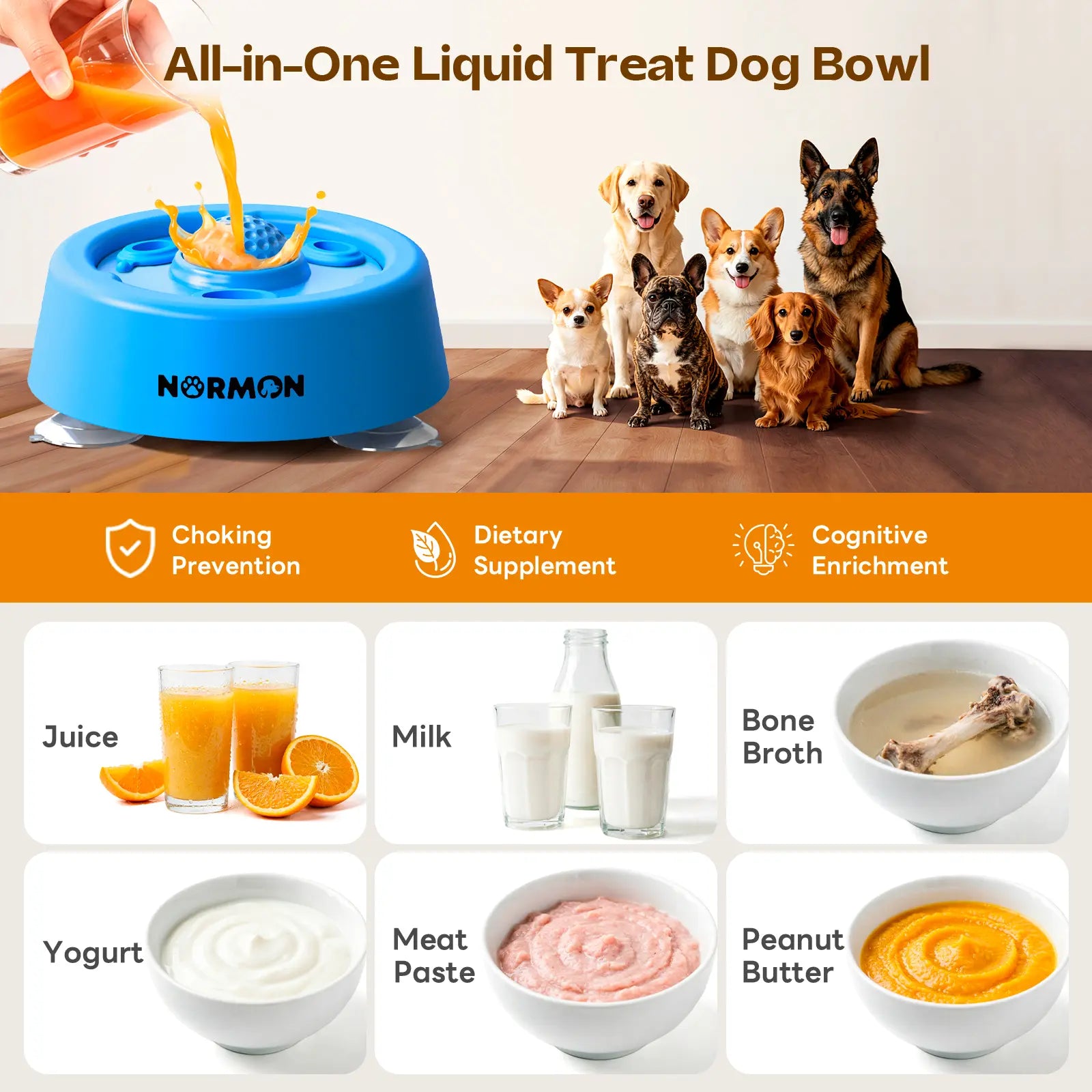 Normon Slow Feeder Dog Bowl with Suction Base, No-Spill Dog Lick Bowl for Bone Broth, Yogurt & Liquid Treats, Rolling Ball Pet Feeding Bowl for Puppies, Small Medium Large Dogs