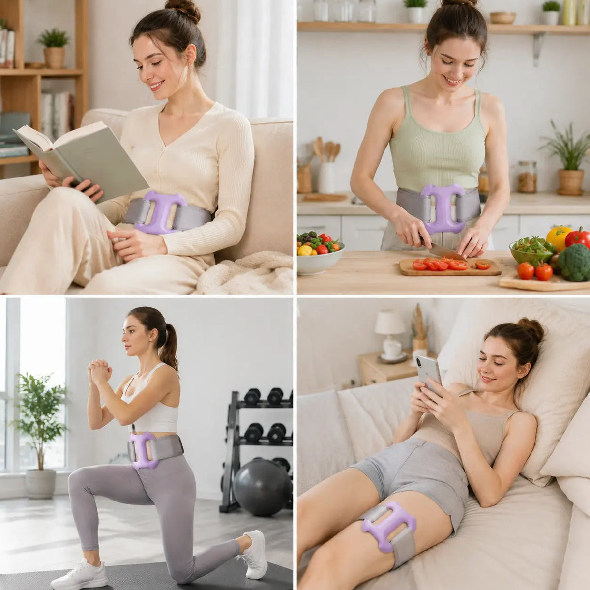 A four-panel collage showing a woman wearing a purple and gray waist trainer belt in different home settings: sitting on a couch reading, chopping vegetables at a kitchen counter, doing a lunge exercise, and lying on a bed using a phone.
