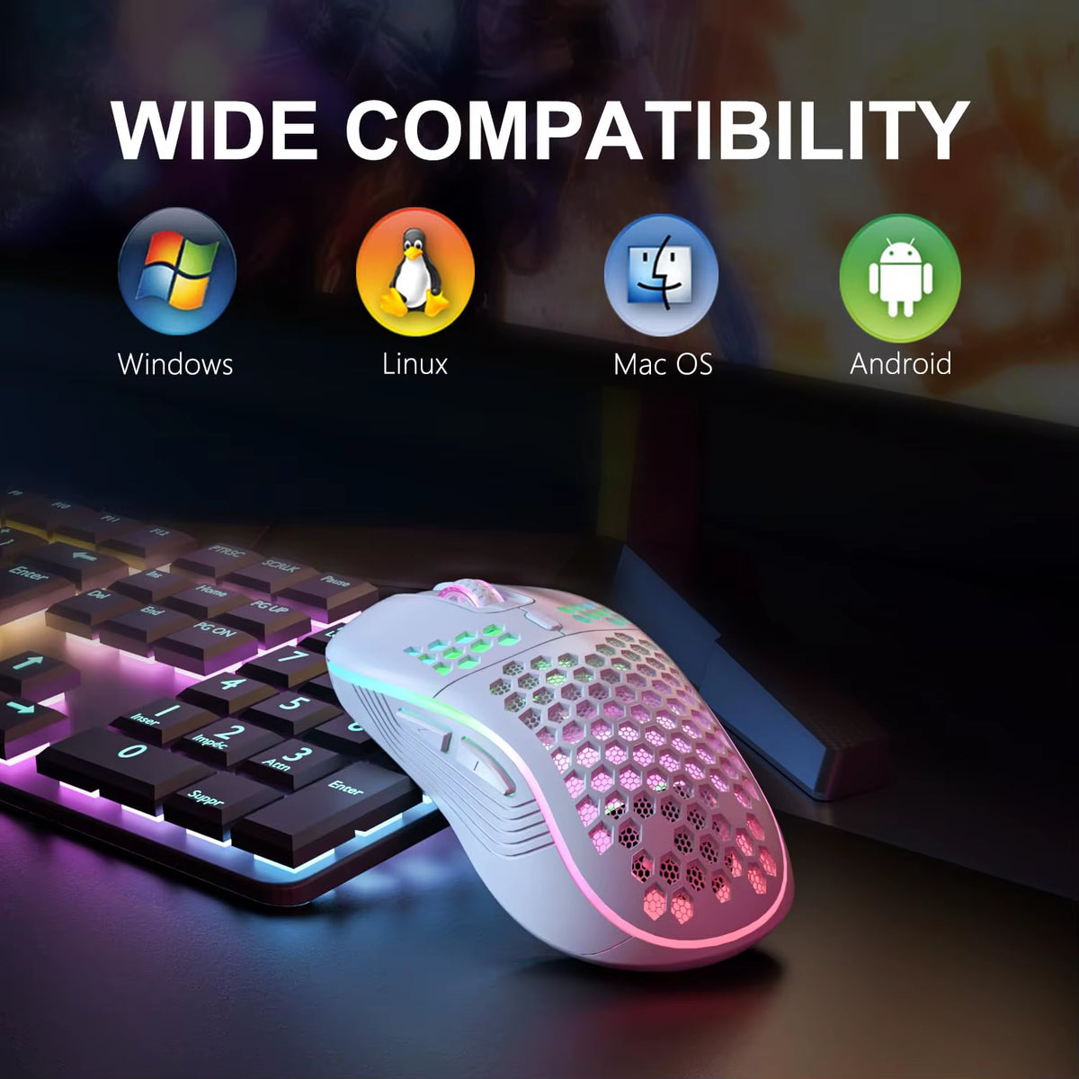 Keyboard and mouse set with compatibility icons for Windows, Linux, Mac OS, and Android on a dark background.