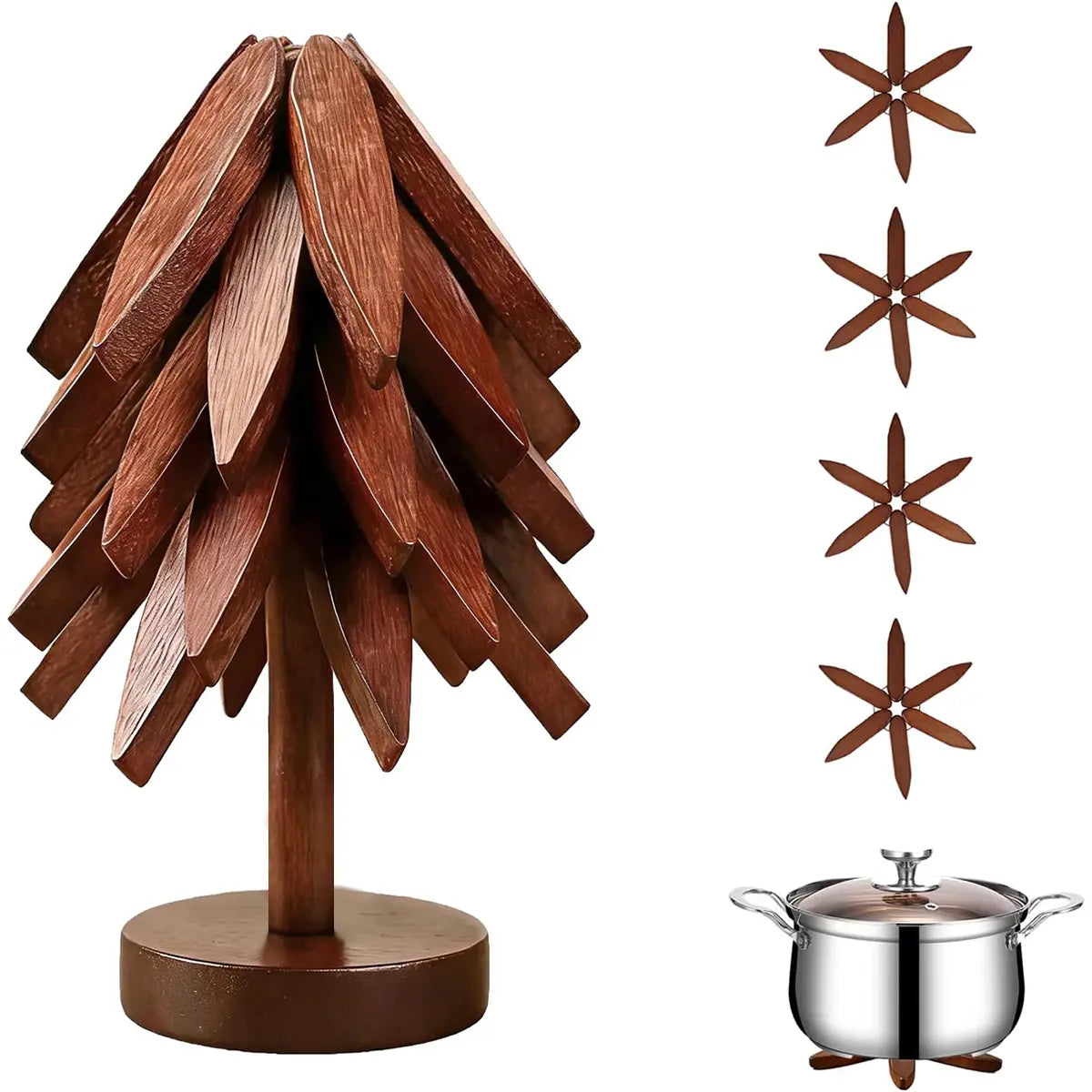 Natural Tree Wooden Trivet Set - 5 Trivets & 1 Stand, Heat-Resistant Foldable Kitchenware, Durable Solid Wood, Home Tree-Shaped Coasters for Hot Dishes, Multi-Functional, Christmas Gift