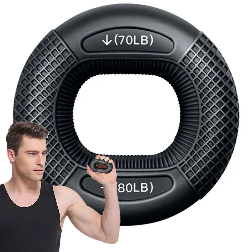 Black weightlifting ring with 70LB and 80LB markings, held by a person.