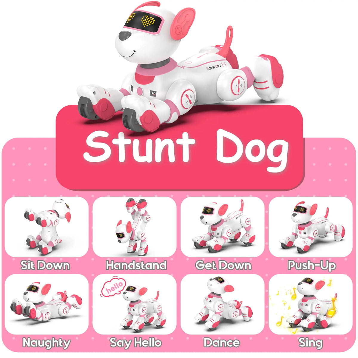 Toy dog with various actions displayed on a pink background