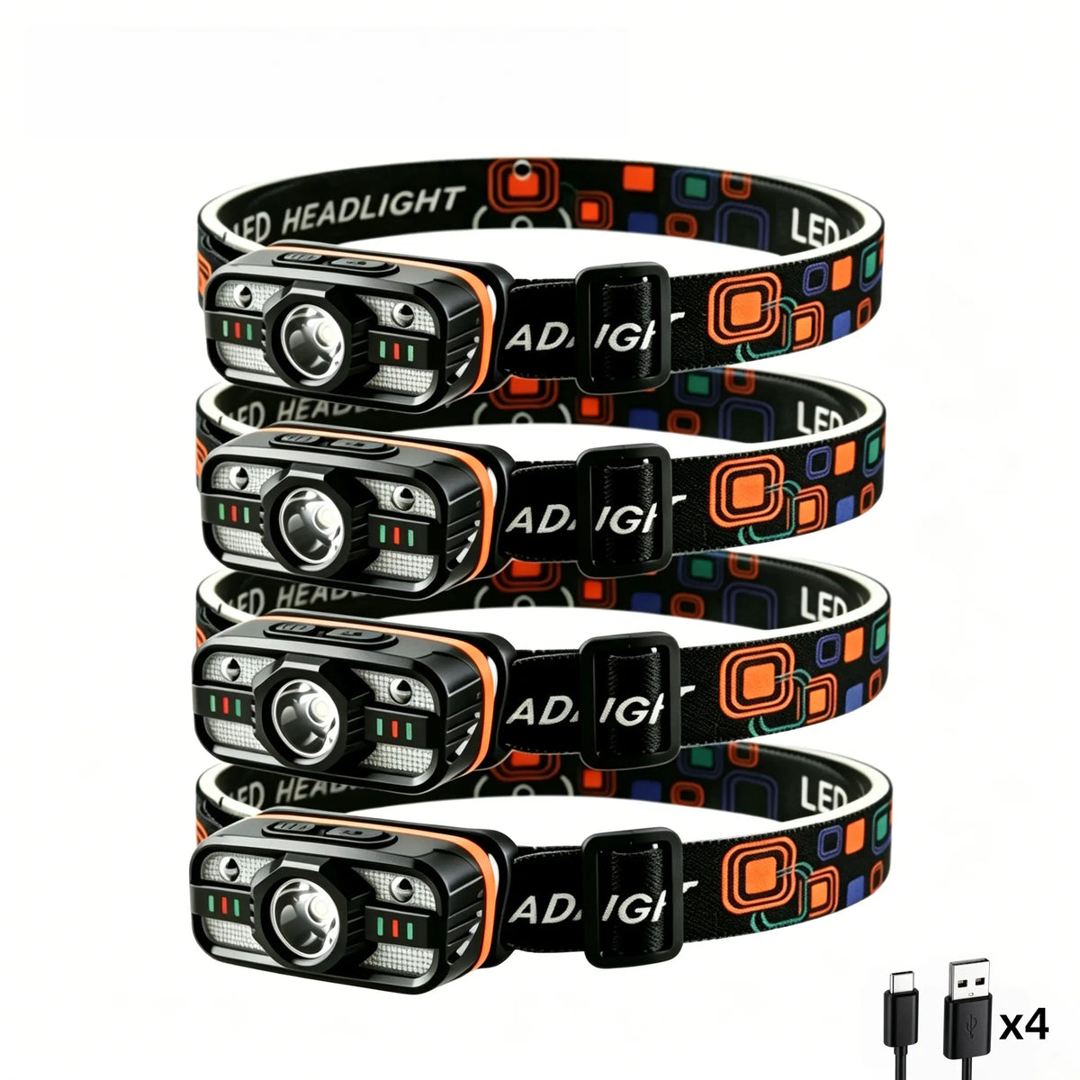 New Upgrade 4-Pack Smart Sensor Headlamp, Dual-Light USB Rechargeable, 6 Modes with Motion Sensor, Long Battery Life for Night Fishing Camping Auto Repair Home Patrol Emergency