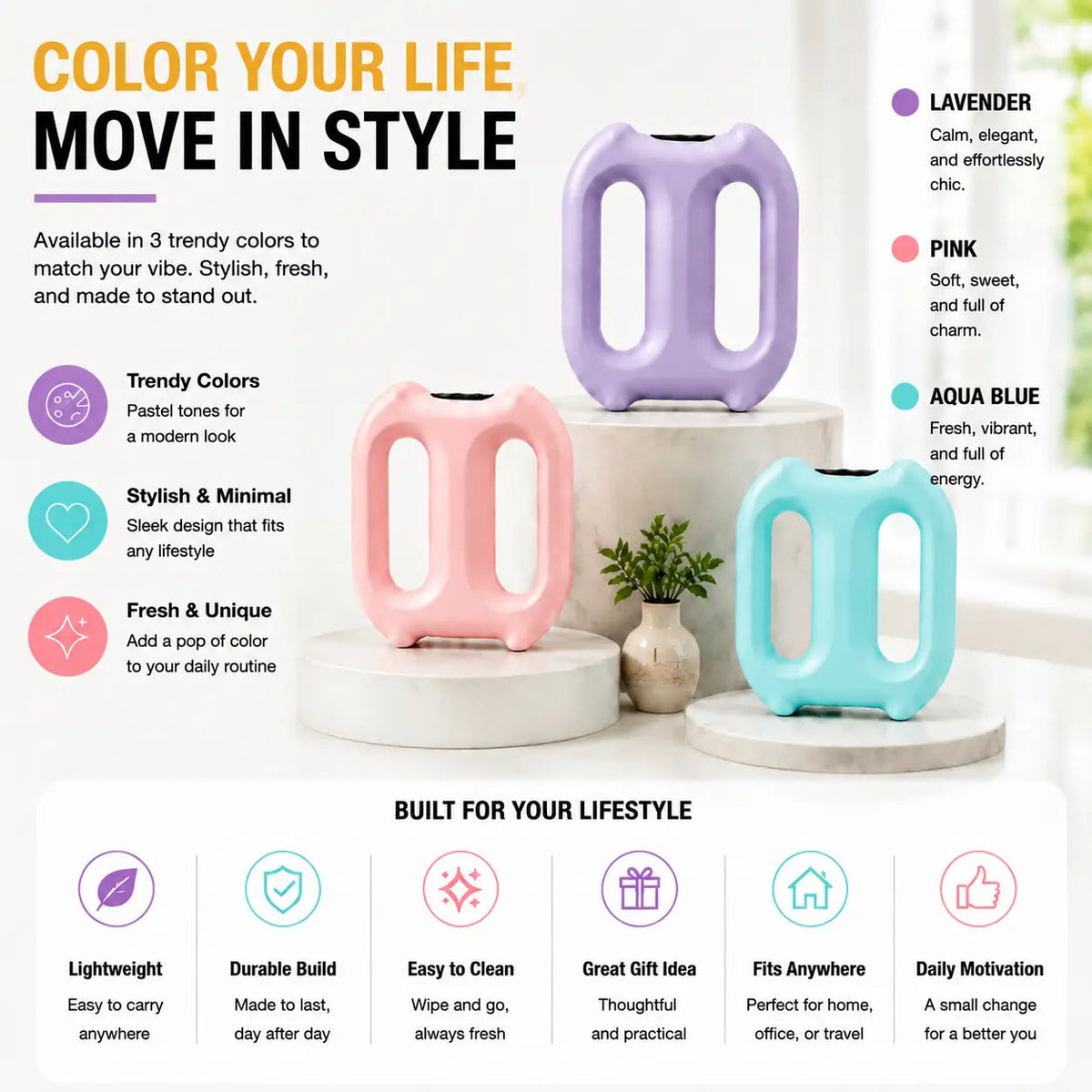 Three portable electric shapers in pastel lavender, pink, and aqua blue displayed on white pedestals, with marketing text highlighting color options and product features.