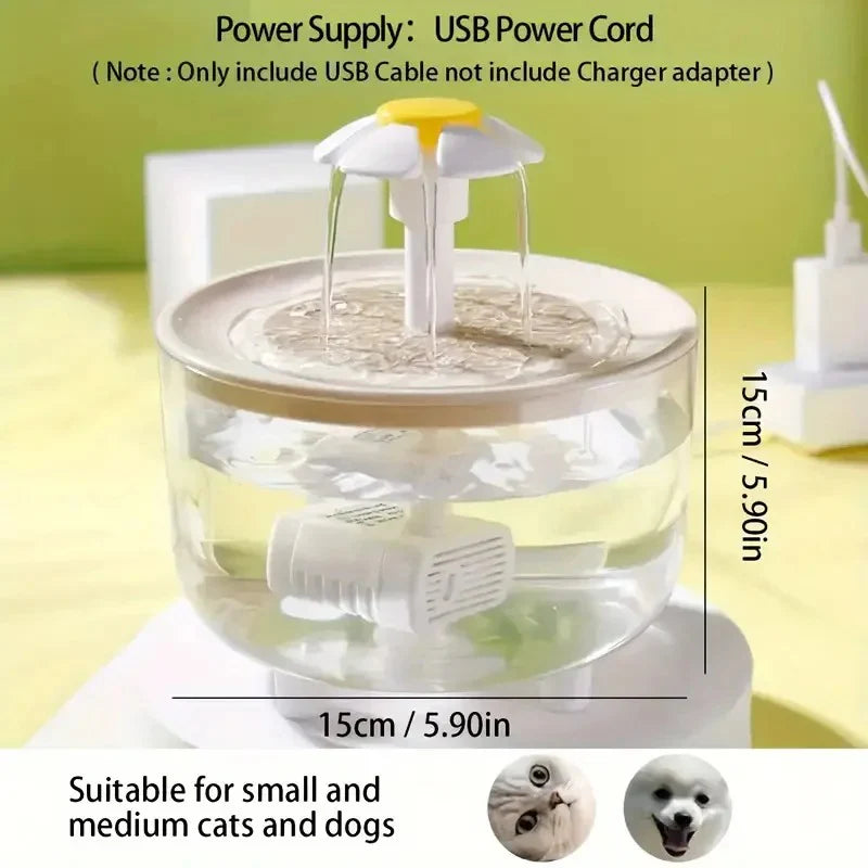 Pet water fountain with USB power cord on a yellow background