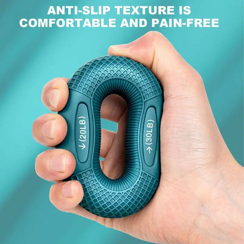 Hand holding a blue resistance grip with text about anti-slip texture on a teal background