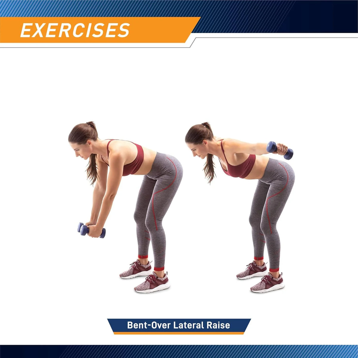 Woman performing Bent-Over Lateral Raise exercise with dumbbells on a white background