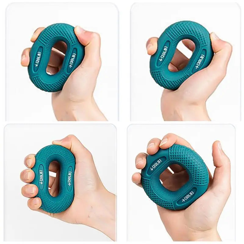 Teal hand gripper being held in different positions by a hand on a white background