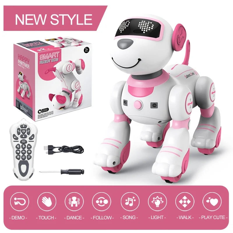 Pink and white robot toy with remote control and packaging on a white background