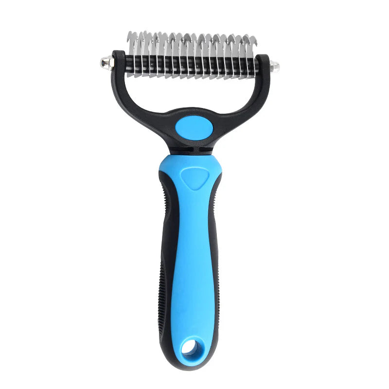 Pet grooming brush with blue handle on a white background