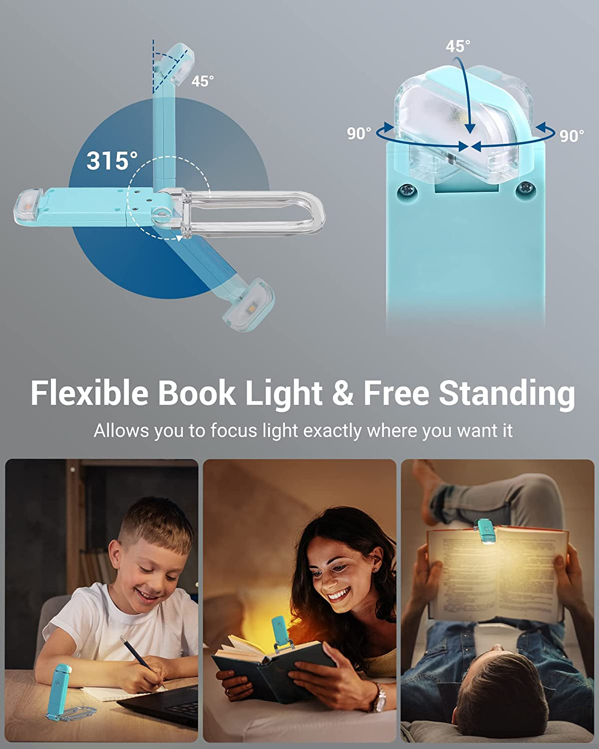 Flexible book light with adjustable features and usage scenarios on a gray background