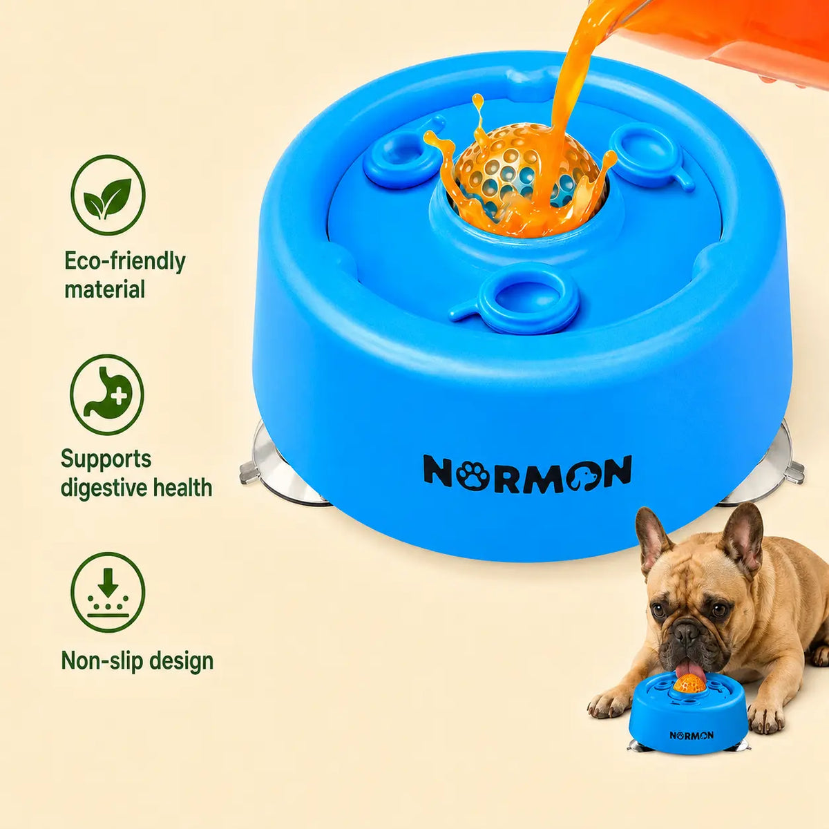 Normon Slow Feeder Dog Bowl with Suction Base, No-Spill Dog Lick Bowl for Bone Broth, Yogurt & Liquid Treats, Rolling Ball Pet Feeding Bowl for Puppies, Small Medium Large Dogs