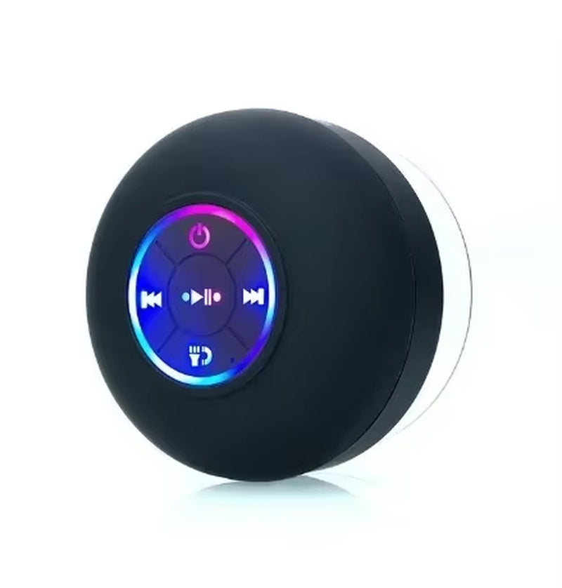 Black Bluetooth speaker with colorful LED controls on a white background