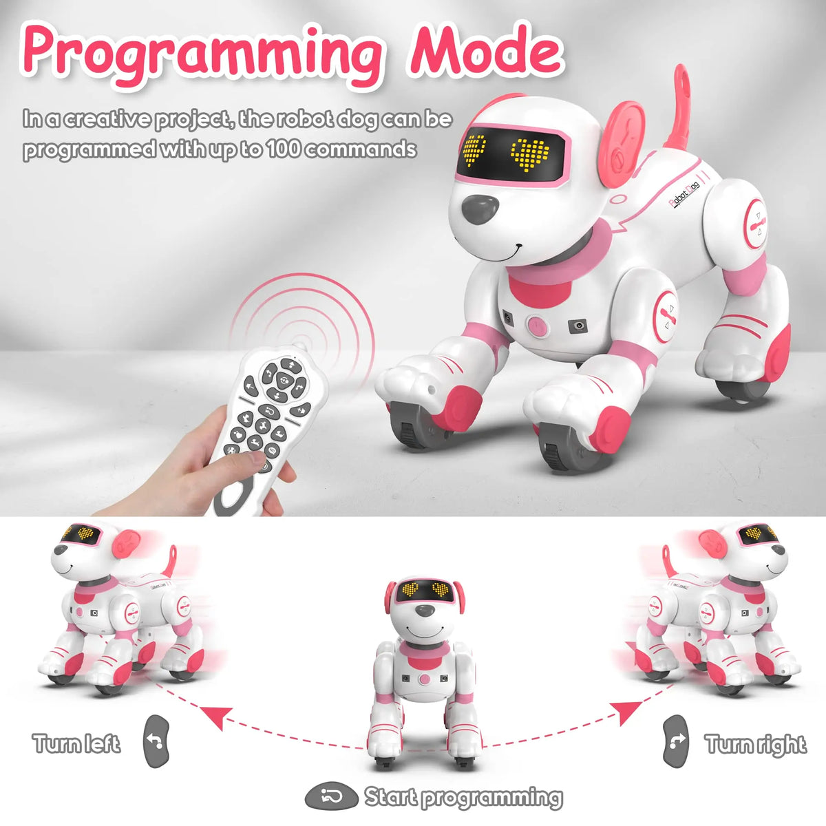 Robotic dog with remote control and programming mode text on a gray background