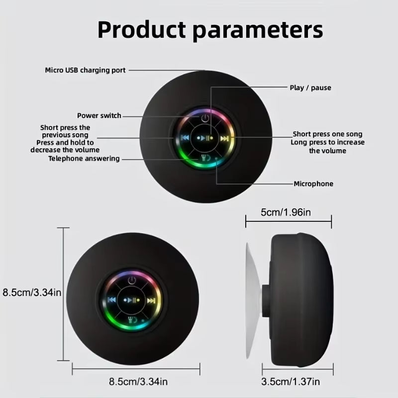 Black wireless earbuds with color display and control buttons, labelled product parameters on a white background.