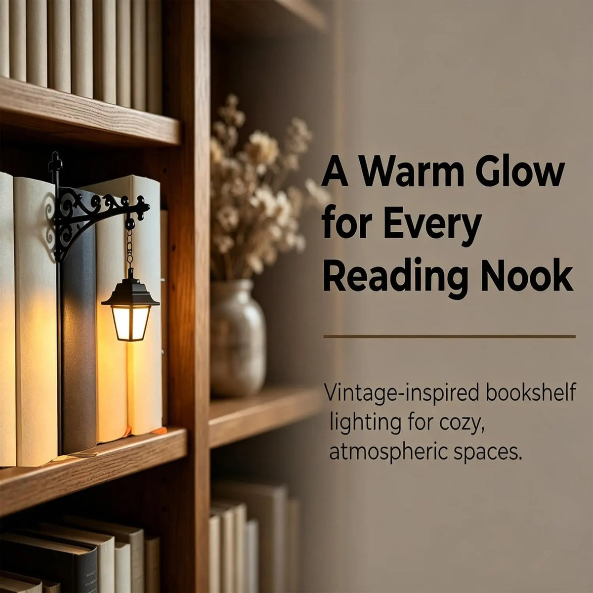 A warm, vintage-style wall-mounted bookshelf lamp glowing beside a wooden bookshelf filled with books, with promotional text on the right reading 'A Warm Glow for Every Reading Nook.'.