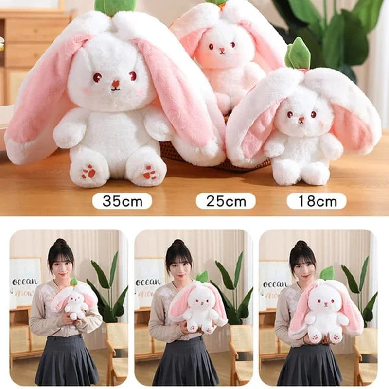 Set of plush bunny toys with size indicators and a person holding them.