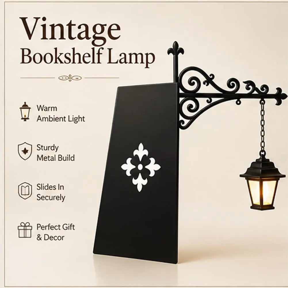Vintage-style bookshelf wall lamp with a black metal bracket and hanging lantern, shown beside feature callouts on a warm beige background.