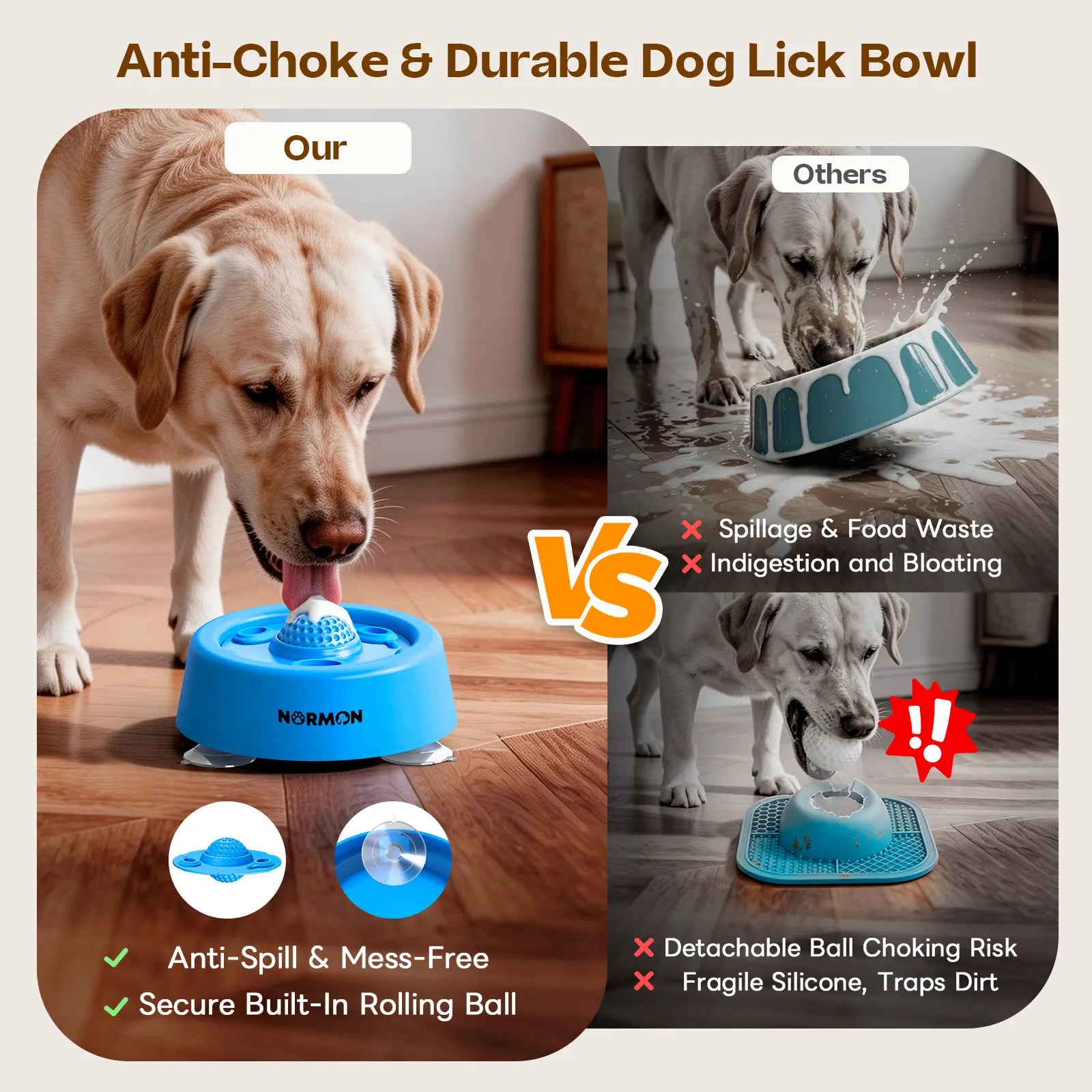 Normon Slow Feeder Dog Bowl with Suction Base, No-Spill Dog Lick Bowl for Bone Broth, Yogurt & Liquid Treats, Rolling Ball Pet Feeding Bowl for Puppies, Small Medium Large Dogs
