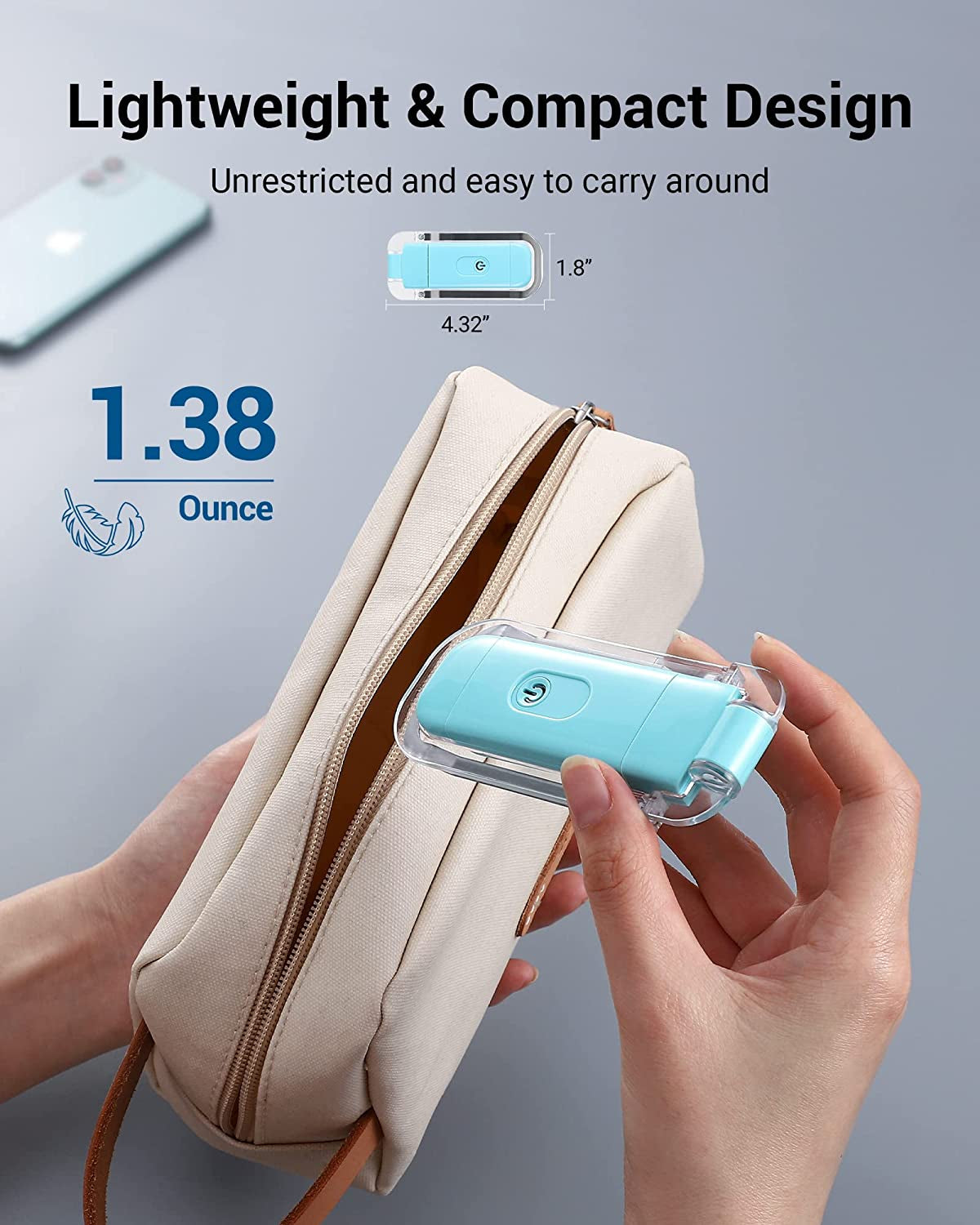 Lightweight and compact device held by a hand with text highlighting its features.