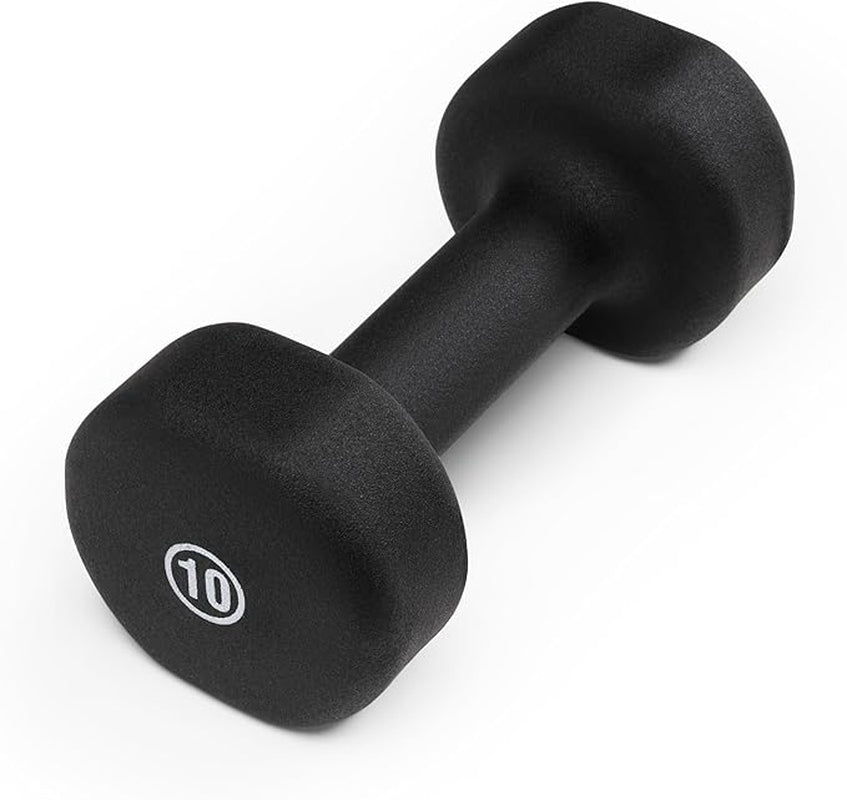 Pair of black dumbbells with a '10' weight indicator on a white background