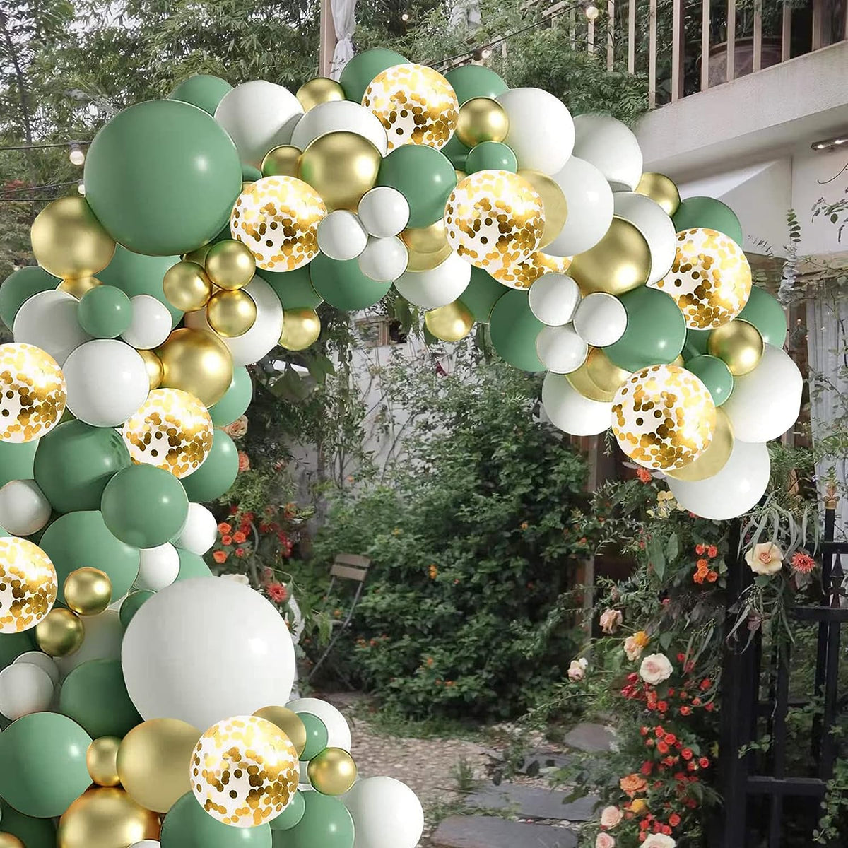 Sage Green White Gold Balloons Garland Arch Kit