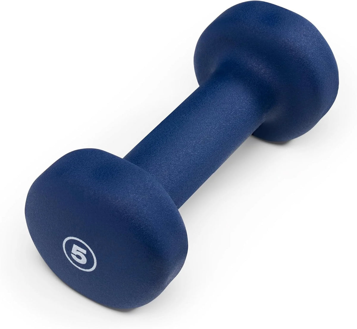 Pair of blue dumbbells with a number 5 on a white background