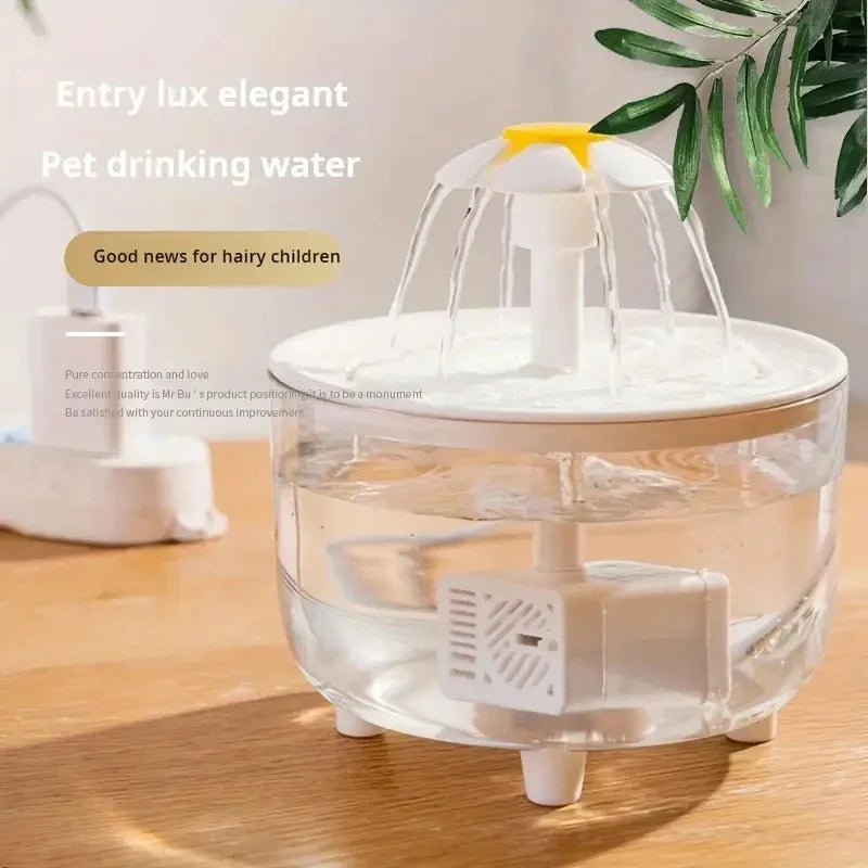 Pet drinking water fountain on a wooden surface with text overlay