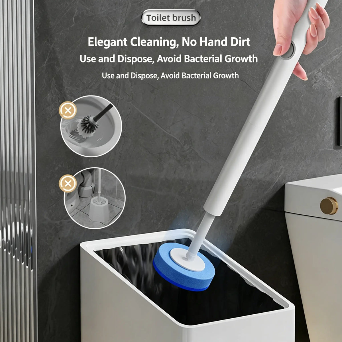 Disposable Toilet Brush Kit with Holder, No-Touch Deep Cleaner for Bathroom, RV & Home, with Built-In Cleaning Agent, Disposable Heads for Hygienic Toilet Cleaning
