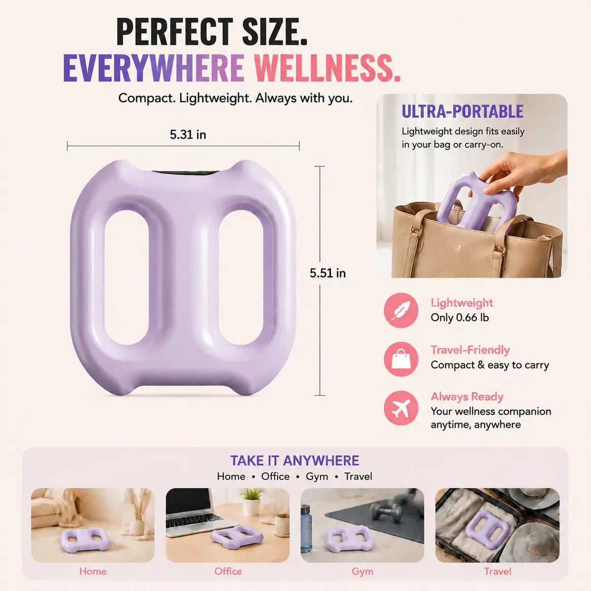 A promotional infographic for a lavender purple waist trainer belt, showing its dimensions (5.31 in by 5.