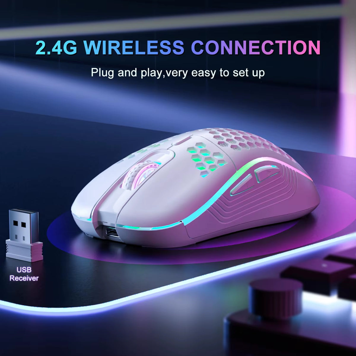 Wireless gaming mouse with 2.4G connection on a dark surface
