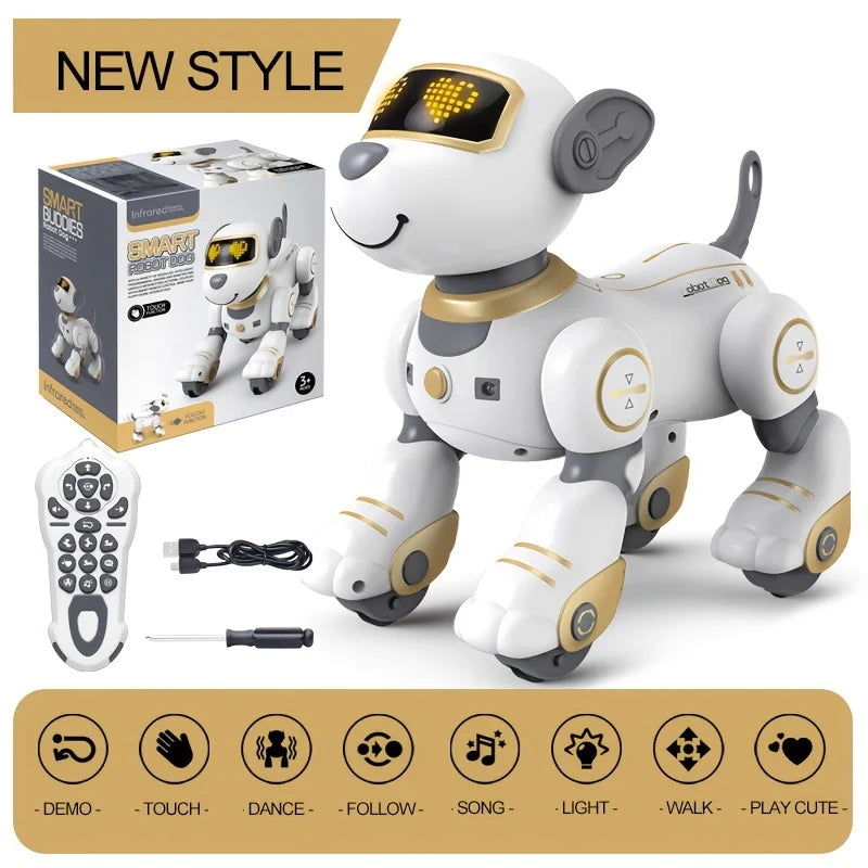 Robotic dog toy with remote control, cable, and packaging on a white background