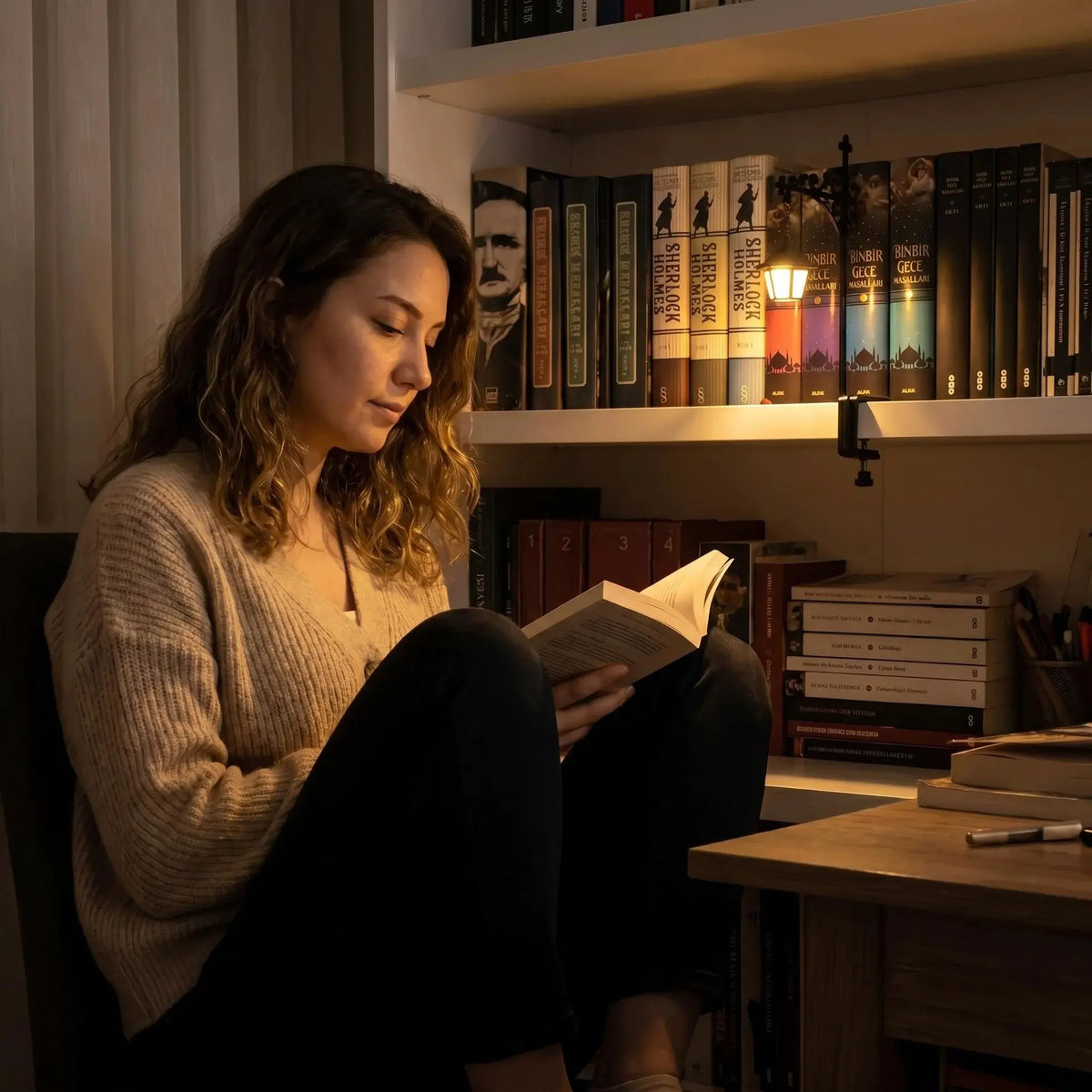 Woman reading a book in a cozy room with bookshelves.