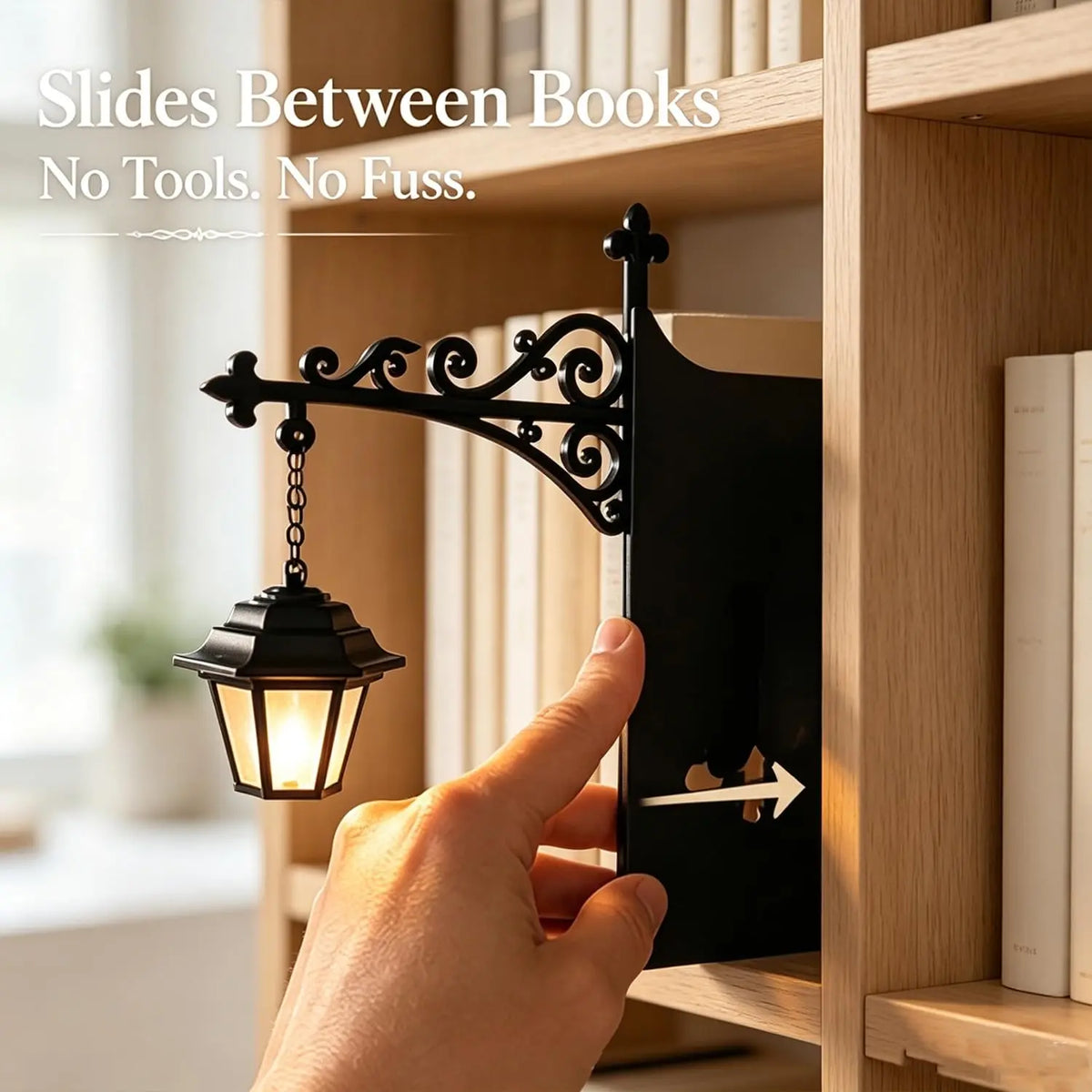 A hand demonstrates a black wall-mounted book slide shelf with an attached miniature lantern light, installed between wooden bookshelves. White text at the top reads 'Slides Between Books.