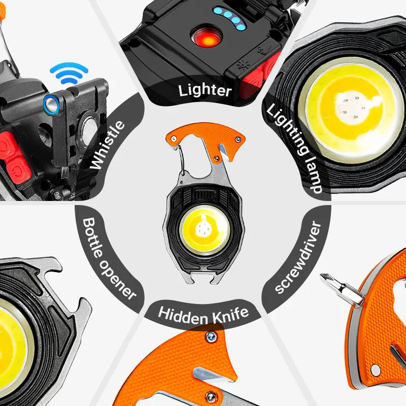 7-In-1 Rechargeable LED Camping Work Light, Magnetic Portable Emergency Flashlight with 6 Light Modes, Safety Cutter, Whistle, Screwdrivers, Bottle Opener & USB-C Fast Charging for Outdoor, Car and Home Use,Emergency Portable Lantern