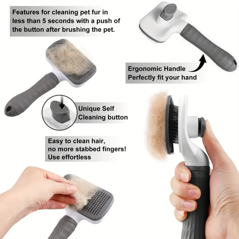 Pet grooming brush with features highlighted on a white background